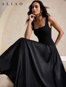 ALIAO Damen Herbst/Winter Satin Quadratischer Ausschnitt Ärmellos geschwungene Taille ausgestelltes Kleid, eleganter formeller Stil, Ausgehen Partykleid Schwarz Sommer - Schwarz - Übersicht 1