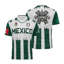Camiseta de Fútbol Selección Mexicana Rayas Verde Blanco Calendario Maya Para Hombre y Niño, Jersey Deportivo Copa 2026 Gran Estampado de Símbolos en la Espalda - Negro - Ver 2