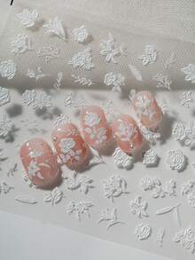 1pc Minimalist Pure White Embossed Floral 6D 3D Nail Art Sticker, Full Coverage Raised White Roses, Lilies, Branches And Vines With Handwritten Cursive English, Clean Matte White, Transparent Base Film, Suitable For Cool Commute Nude Nails, Bridal Wedding Looks, High-End Minimalist Salon Creations, Ideal For Office Workers, Brides, Nail Art DIY Enthusiasts Who Love Elegant Atmosphere And Light Vintage Floral Style - White - View 10