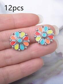 12pcs/Set Paduan Logam Perak Vintage Musim Panas Enamel Bunga Akrilik Liontin Aksesoris Anting-anting - Mint Blue - View 8