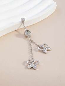 1pc Elegant Butterfly Tassel Belly Button Ring, Sexy, Hypoallergenic, Suitable For Women - Silver - View 2