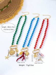 1pc Fashionable Ocean Style Acrylic Dopamine Color Beads Starfish Shell Necklace Suitable For Women Summer Vacation Party Wear - Ocean - View 5
