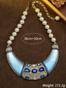 Collar de Perlas & Zafiros Estilo Corte Vintage, Versátil para Banquetes, Fiestas y Desplazamientos Diarios, Exquisito Ribete de Strass Completo con Diseño Degradado Azul, Elegante y Sofisticado, Regalo de Aniversario Perfecto para la Novia o la Mejor Amiga - collar - Ver 5