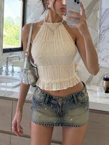Y2K Street Style Women's Multi-Layer Ruffle Backless Halter Top, Dual Belt Detail Solid Color Ruffle Hem, Suitable For Summer Beach Vacation, Casual Daily Wear - Beige - View 5