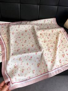 1pc Women's Elegant Vintage Printed Slim Satin Square Faux Silk Scarf, Bohemian Retro Casual Neck Scarf Shawl, Lightweight And Comfortable - Pink - View 1