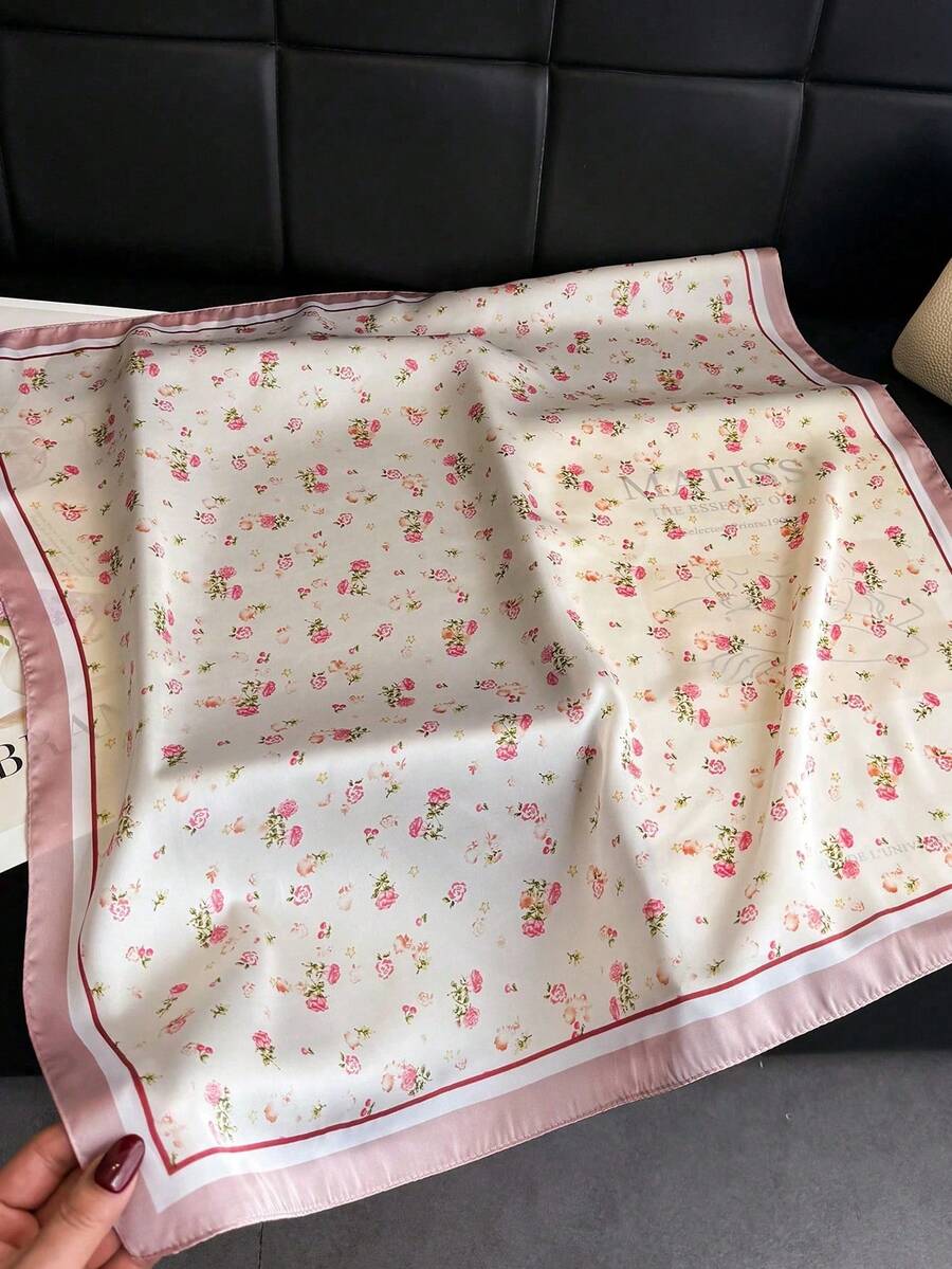 1pc Women's Elegant Vintage Printed Slim Satin Square Faux Silk Scarf, Bohemian Retro Casual Neck Scarf Shawl, Lightweight And Comfortable - Pink - View 1