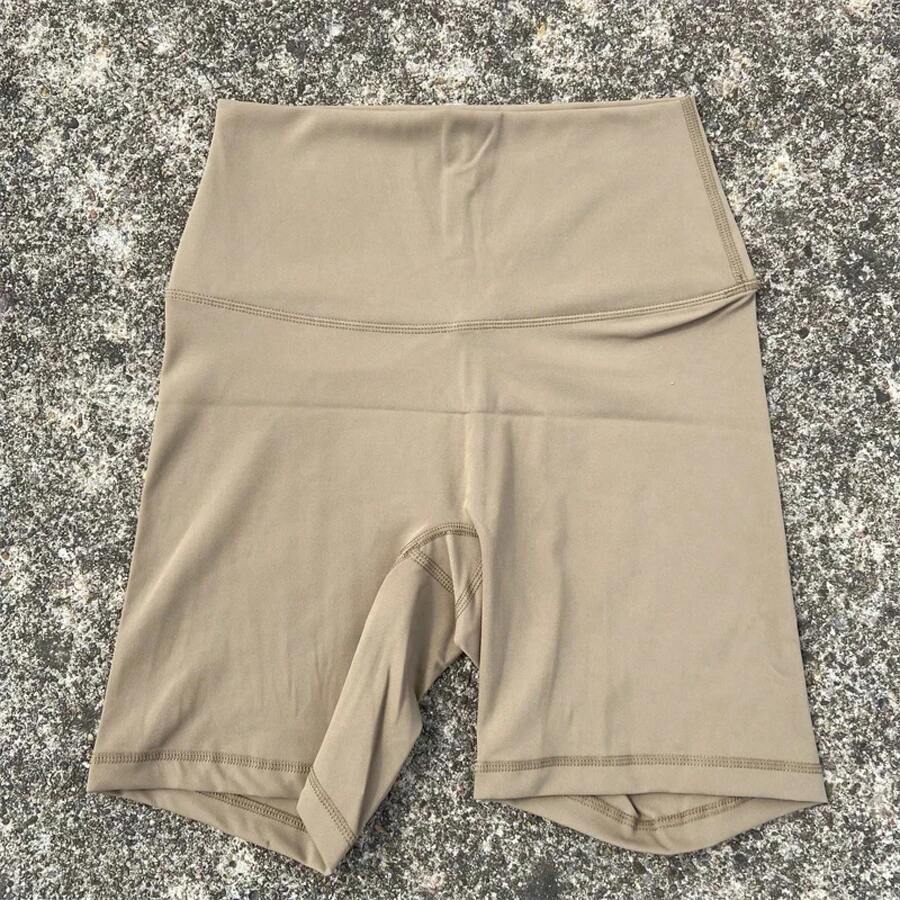 Solid Color Women's Fitness Sports High Waist Yoga Short Leg Cycling Full Body Workout Jog Squat Proof Inner Pocket - 卡其色 - 查看 1