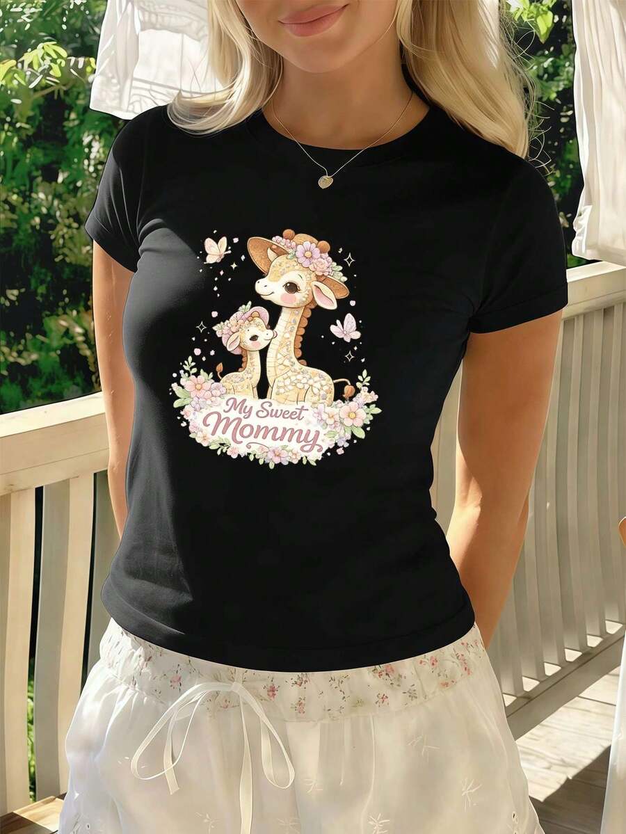 Camiseta con estampado de jirafa para mamá, de algodón suave, corte relajado, estilo casual, transpirable, ?recién llegada - Negro - Ver 1