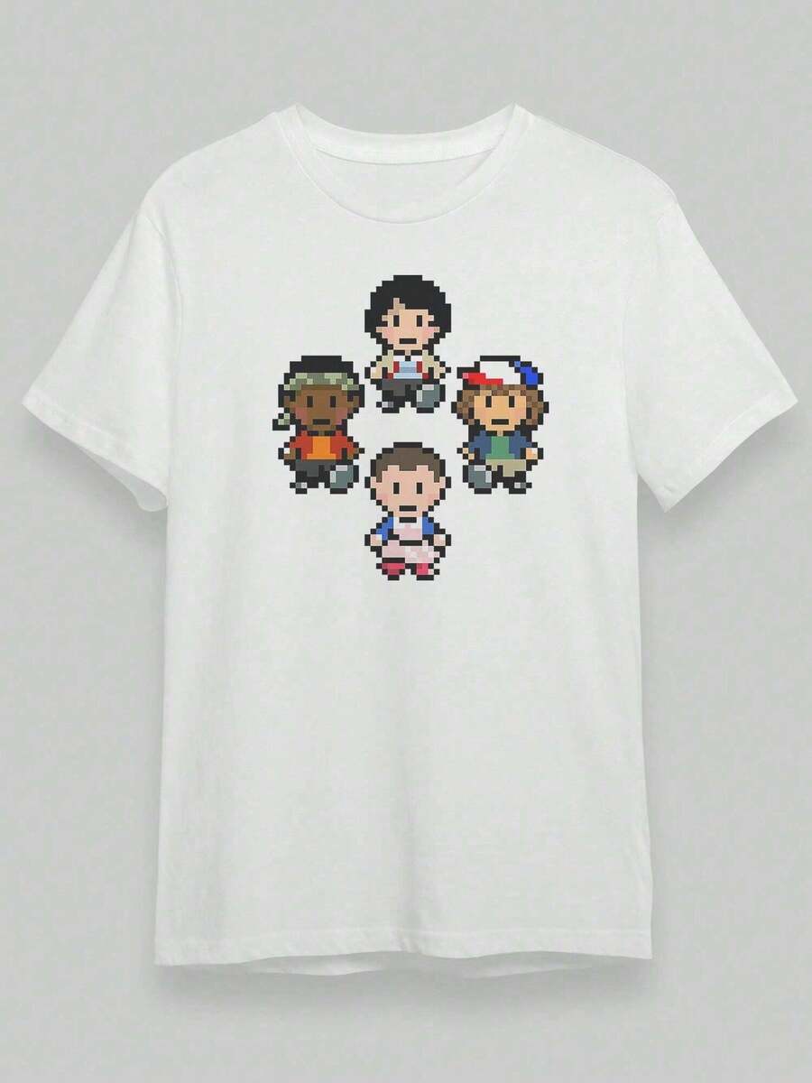 Youth T-Shirt With Pixelated Chibi Design, Short Sleeve, Casual Streetwear, Japanese Style, Kawaii Urban Y2K Blouse, Novelty Women's Clothing - 白色 - 查看 1