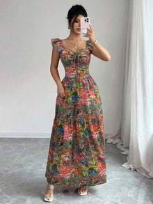 Vestido ajustado y acampanado con cuello de corazón, lazo y mangas farol, de estilo elegante y casual con estampado floral colorido, para pri - Multicolor - Ver 4