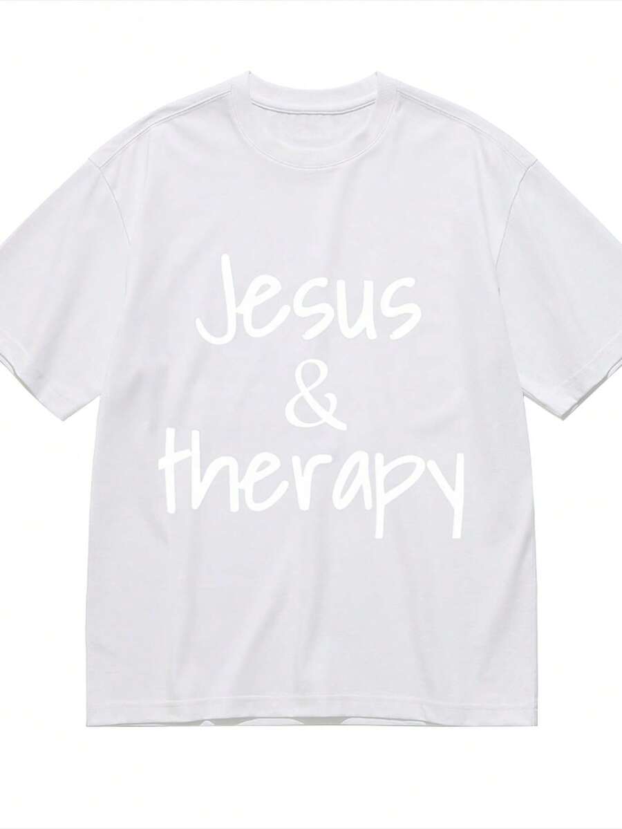 Jesus And Therapy Christian Humor For Christian T-Shirt For Women Men Cotton Short Sleeve Crew Neck Graphic Top Tee - 白色 - 查看 1