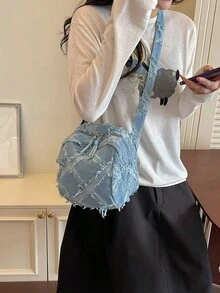 時尚女款丹寧菱格流蘇做舊斜挎貝殼包，女款單肩斜挎包，布料小包，休閒廢土風時尚女款小包 - 彩色 - 查看 5