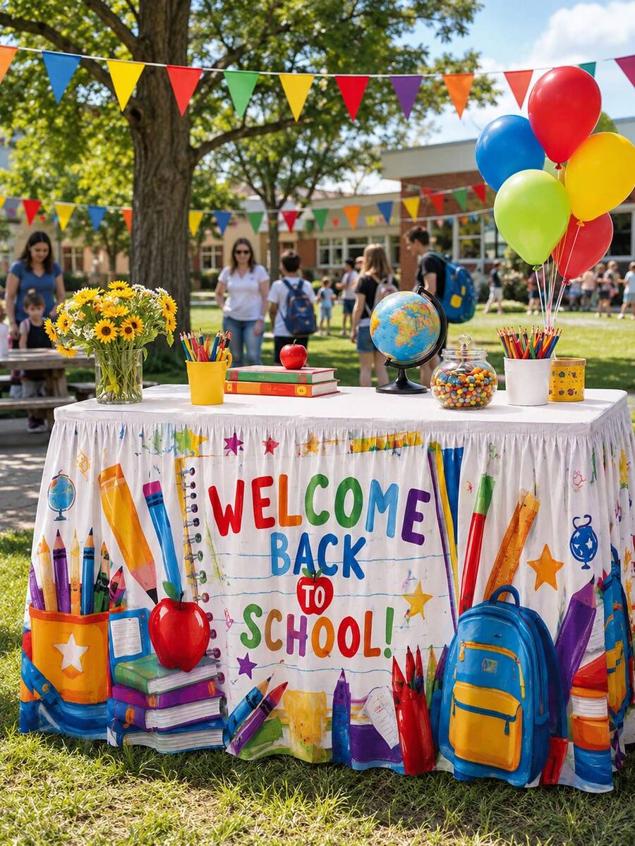 1pc Welcome Back To School Table Skirt, Colorful Polyester Rectangular Pleated Tablecloth With Pencil, Apple, Book And Backpack Print, Classroom Party Table Decor, Suitable For Teacher Welcome, First Day Of School And School Events - Multicolor - View 1