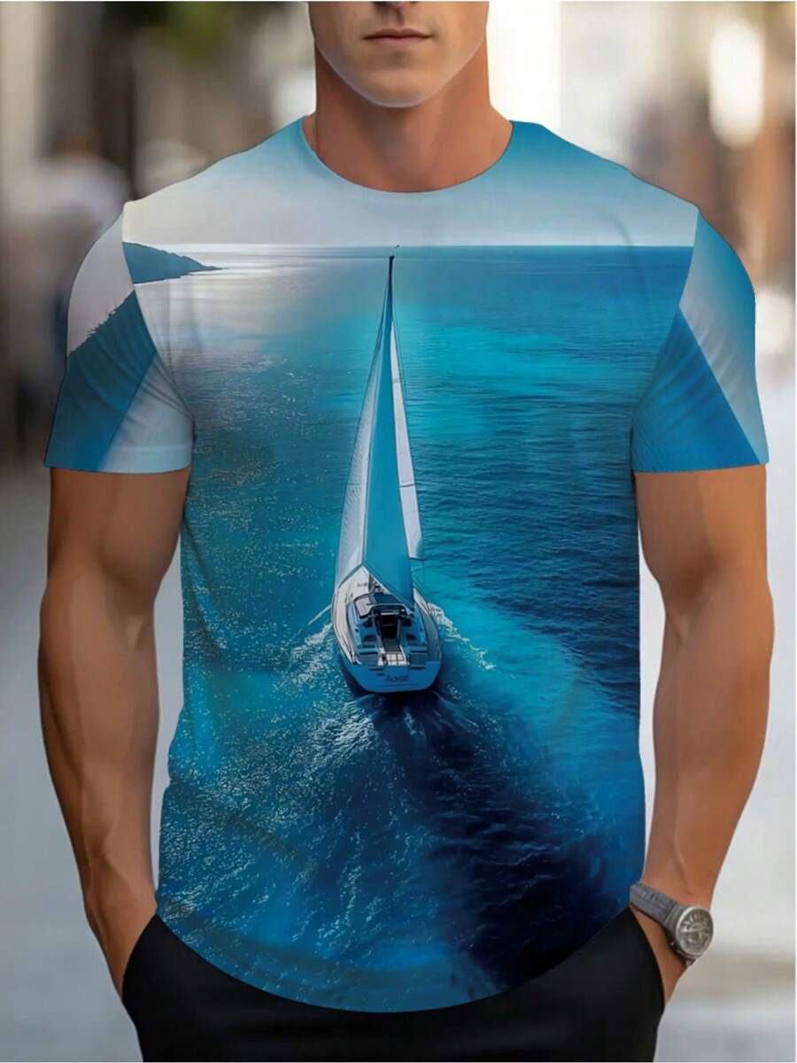 Camiseta para hombre con estampado 3D de velero en escena oceánica, diseño de degradado azul, manga corta, ropa casual, estilo de arte marítimo único, prenda de verano llamativa - Negro - Ver 1