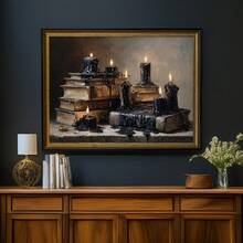 1pc Canvas Wall Art, Framed Wall Decor, Dark Academia Style Vintage Melting Black Candle And Old Book Still Life, Atmospheric Gothic Library Aesthetic Decorative Painting, Suitable For Modern Home Decor, Room Decor, Dorm Decor, Bedroom Decor, Living Room Decor, Bathroom Decor, Kitchen Decor, Dining Room Decor, Office Decor, School Decor, Classroom Decor, Back To School Decor - Candles and Ancient Books - View 11