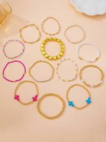 13pcs/Set Multi-Color Cross Colorful Dopamine Layered Beaded Bracelets, Sweet & Versatile, Suitable For Women's Daily/Vacation/Date Wear - Multicolor - View 5