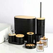 10 Piece Bamboo Covered Bathroom Accessory Set, Including Toilet Brush, Trash Can, Soap Pan, Soap Dispenser, Roller, Toothbrush Holder, Cotton Swab Box, Tray, Hotel, Bathroom, Family And Friends Gifts, Home Gifts, Bathroom Accessories - Multicolor - View 11