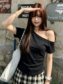 Women's Fashion Summer Casual Minimalist Versatile Asymmetrical Shoulder Short Sleeve T-Shirt Black - Black - View 2