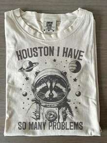 Funny Astronaut Raccoon Tee, Houston I Have So Many Problems Slogan, Vintage Space Planet Print, Casual Summer Crew Neck Short 100% Cotton - 白色2 - 查看 1
