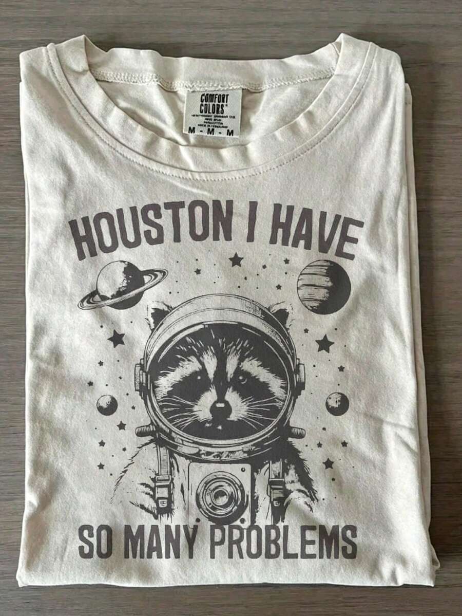Funny Astronaut Raccoon Tee, Houston I Have So Many Problems Slogan, Vintage Space Planet Print, Casual Summer Crew Neck Short 100% Cotton - 白色2 - 查看 1