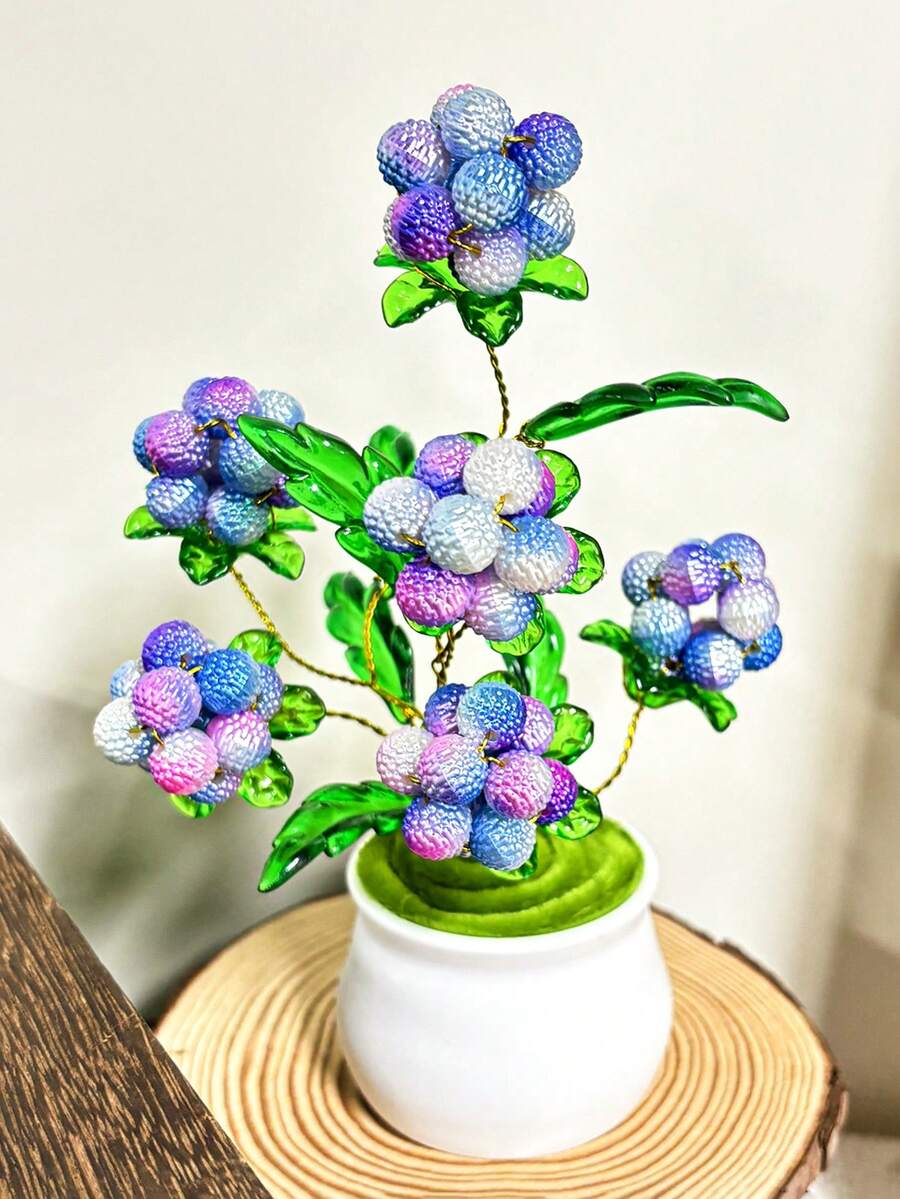 1PC Elegant Beaded Artificial Flower Mini Potted Plant With Fresh Leaves, Exquisite Artificial Flower Bouquet, Holiday Gift, Suitable For Office Desk, Home Room, Restaurant Decoration Ornament