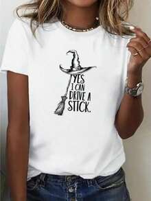 Women's Short Sleeve T-Shirt - Women's Witch Print Tee - Yes I Can Drive A Stick Print, Casual All-Season Activewear, Black With Lettering - 白色 - 查看 1