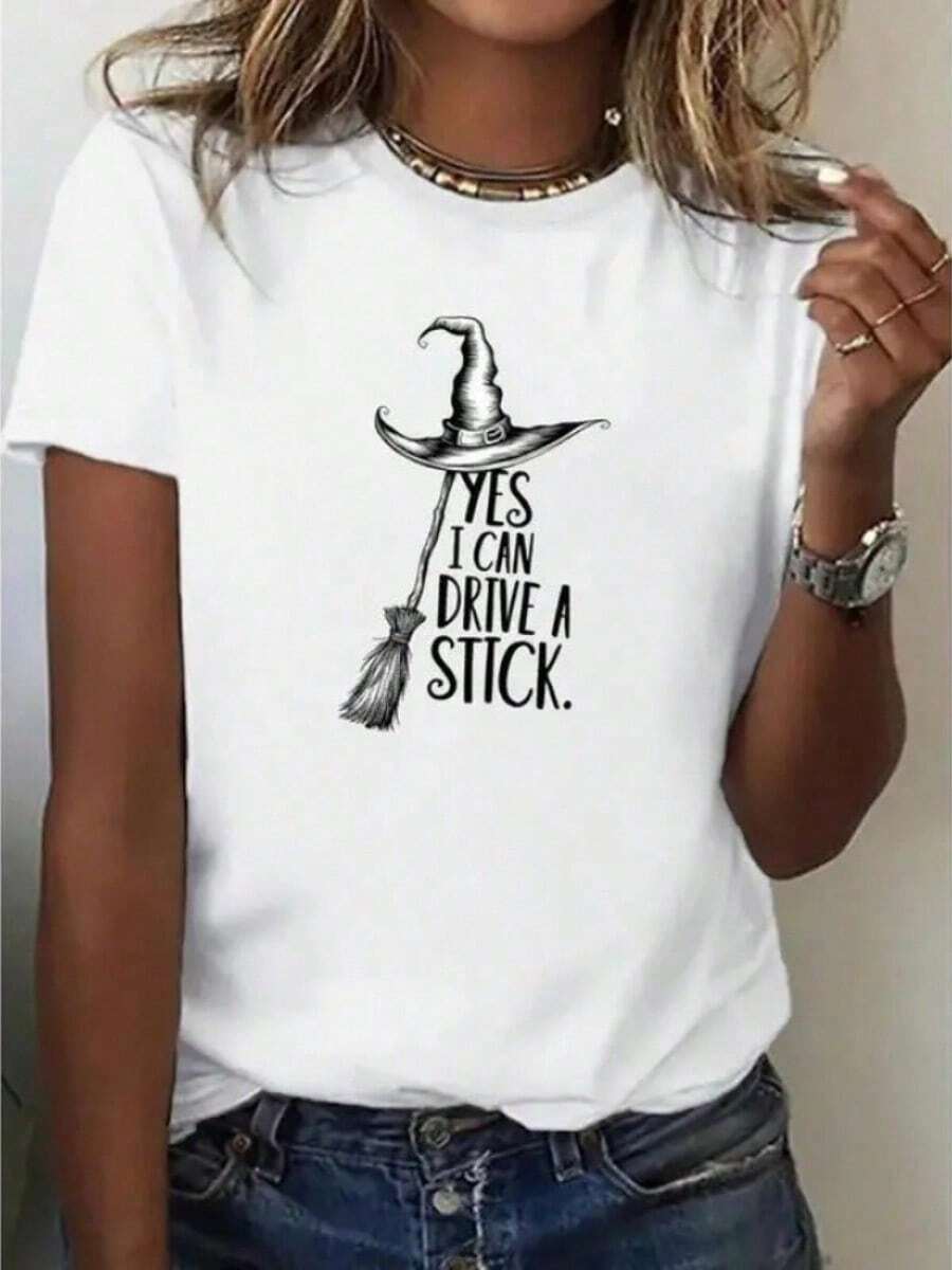 Women's Short Sleeve T-Shirt - Women's Witch Print Tee - Yes I Can Drive A Stick Print, Casual All-Season Activewear, Black With Lettering - 白色 - 查看 1