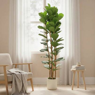 Artificial Ficus Lyrata, Artificial Plant With 91 Leaves, Solid Wood Trunk, Pot, 55 X 55 X 180 Cm, Green