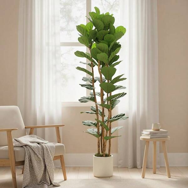 Artificial Ficus Lyrata, Artificial Plant With 91 Leaves, Solid Wood Trunk, Pot, 55 X 55 X 180 Cm, Green