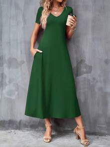 Vestido Casual Cuello en V Manga Corta con Bolsillos.Color Sólido, Lavable aáquina, Versátil para Todas las Estaciones. - Verde - Ver 5