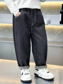 Boys' Toddler All-Season Elastic Waist Loose Fit Solid Color Contrast Stitch Denim Jeans Pants For Daily, School, Outdoor Wear - Dark Wash - View 4