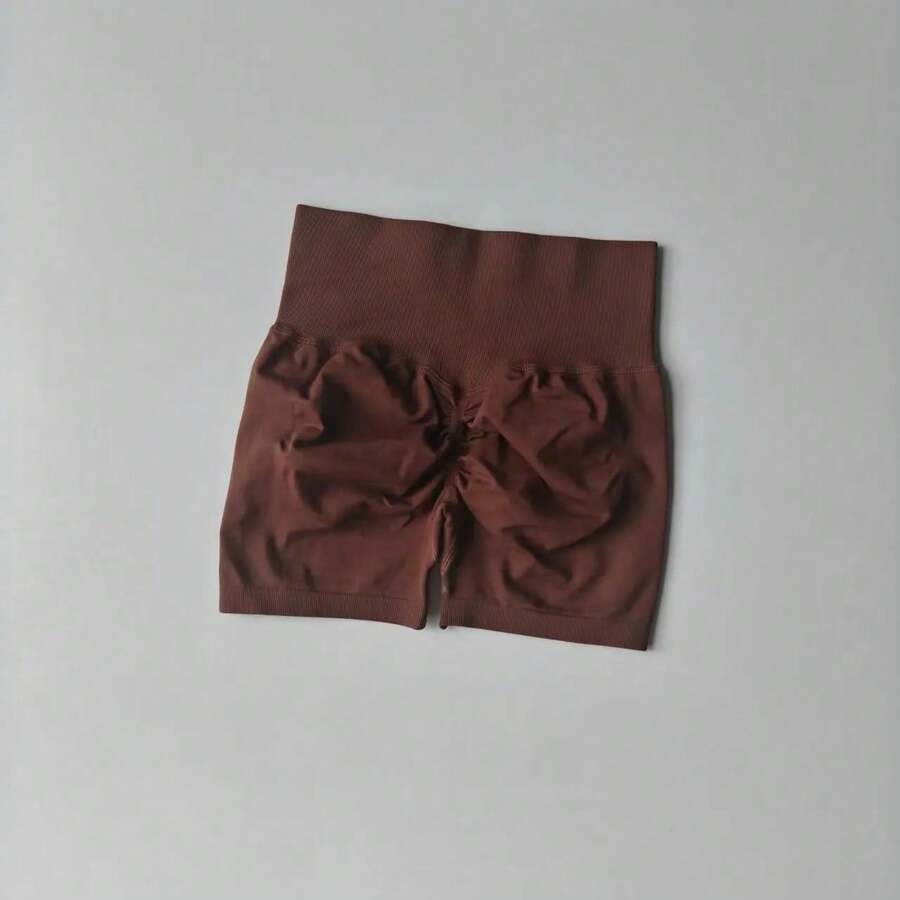 Peach Yoga Shorts For Girls, High Waisted Crisscross Shorts, Snap Knit, Running, Sports, Elastic, Tummy Lift, Butt-Skimming Shorts - 咖啡 - 查看 1