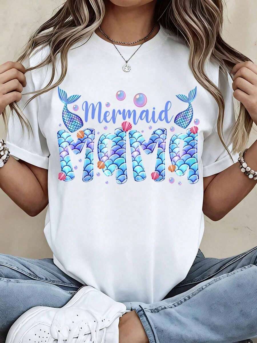 Oversize Camiseta con Estampado de Sirena Pastel Manga Corta Cuello Redondo Moda Juvenil Estilo Japonés Kawaii Urbano Blusa Top Verano Retro - Blanco - Ver 1