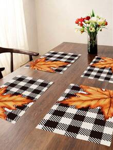 2/4/6pcs Thanksgiving Autumn Placemats Plaid Autumn Maple Leaf Heat Resistant & Easy To Clean Table Mats Suitable For Kitchen, Dining Table, Coffee Bar - Black and White - View 1