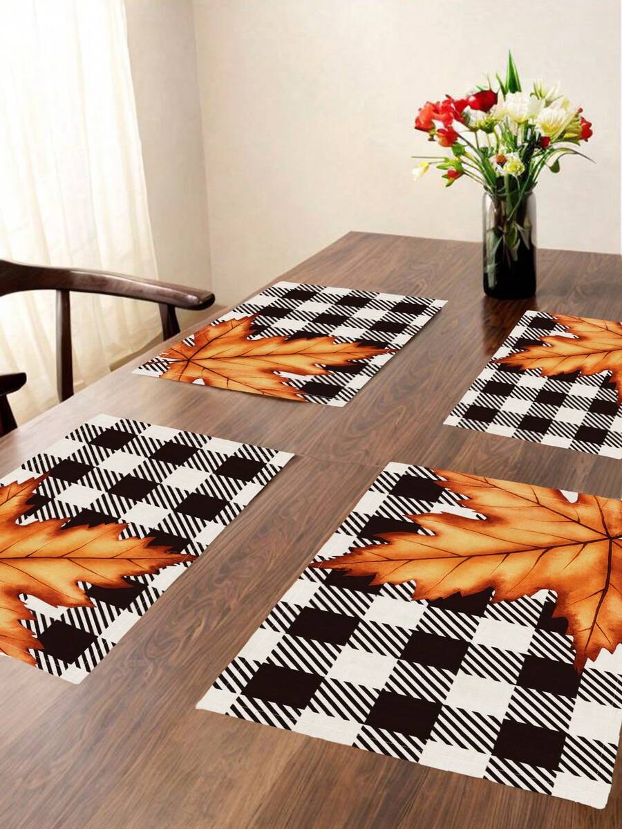 2/4/6pcs Thanksgiving Autumn Placemats Plaid Autumn Maple Leaf Heat Resistant & Easy To Clean Table Mats Suitable For Kitchen, Dining Table, Coffee Bar - Black and White - View 1