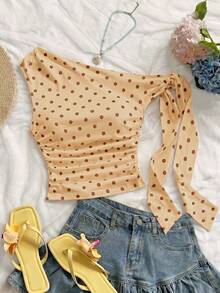 Women's Polka Dot Sleeveless Blouse With Ruching And Front Bow For KQTV - 黃色 - 查看 1