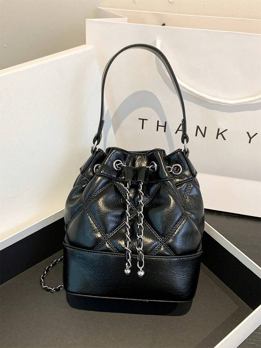 Women's Bucket Bag, Casual Straw Drawstring Crossbody Shoulder Bag - 黑色 - 查看 1