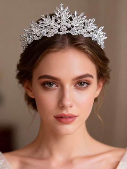 1pc Baroque Crown Handmade Beaded Rhinestone Silver Crown Princess Performance Birthday Party Tiara Accessory