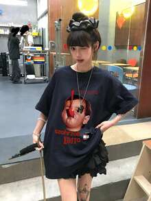 女款圓領短袖T恤，夏季新款人像圖案與字母印花，時尚休閒百搭寬鬆上衣 - 藏藍 - 查看 7