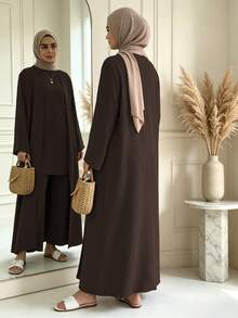 3 Pieces Modest Clothing Set Including Long Abaya, Sleeveless Short Tank Top And Matching Trousers - Multicolor - View 7