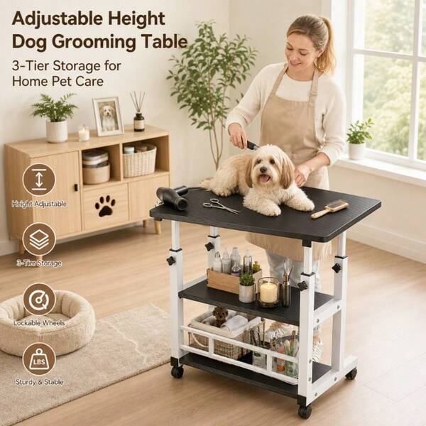 This Home Pet Grooming Table Features Multiple Tiers, Adjustable Height, Four Silent 360° Swivel Casters, And A Two-In-One Storage Work Surface, Suitable For Small Dogs And Cats.