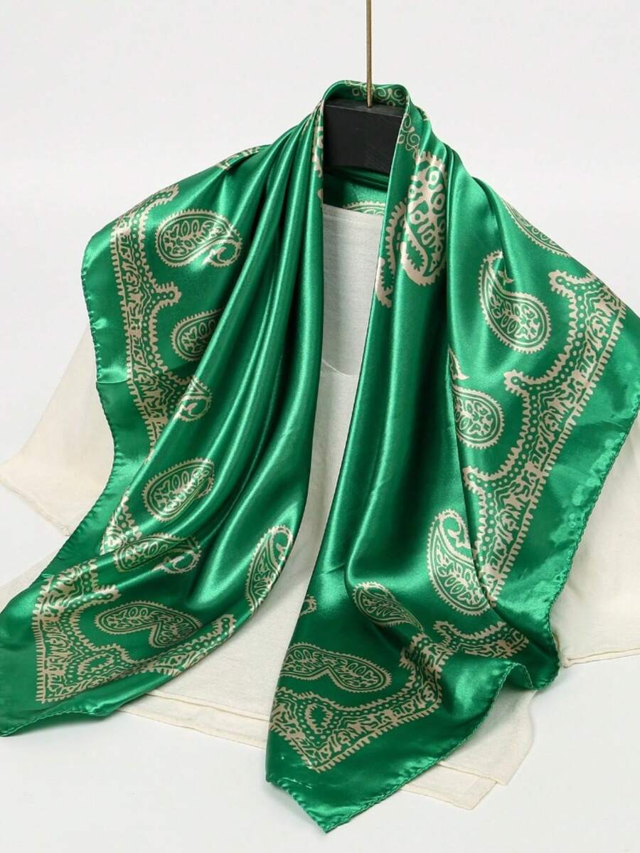 1PC Paisley Pattern 90CM Women's Faux Silk Square Scarf Bandana Headwrap Chest Wrap - Green - View 1