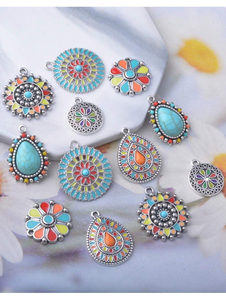 12pcs/Set Paduan Logam Perak Vintage Musim Panas Enamel Bunga Akrilik Liontin Aksesoris Anting-anting - Mint Blue - View 1