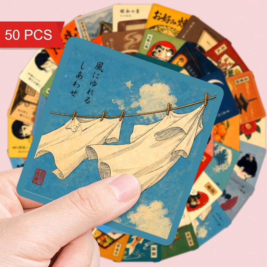 50張復古日式侘寂風貼紙，復古女性、海浪、在地美食、神社防水貼紙，適用於行李箱、筆記本、DIY手工、節日禮物、學校用品 - A - 查看 1