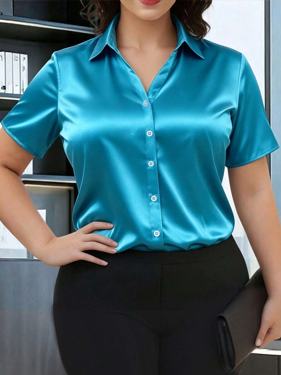 HOMEYEE 大码女式纯色短袖衬衫,春夏时尚办公服饰 - 薄荷藍 - 查看 1