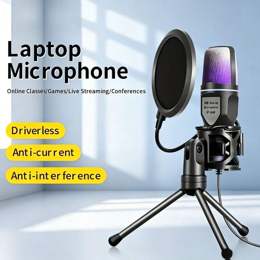 Mikrofon Kapasitif USB RGB, Peredam Kebisingan AI, Pemantauan Real-Time, Pasang dan Mainkan untuk Bermain Game, Streaming Langsung, Podcast, dan Perekaman