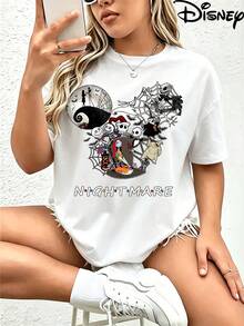 Disney Nightmare Before Christmas Print Women Plus Size Round Neck T Shirt Character Design Halloween Party Wear - 白色 - 查看 1
