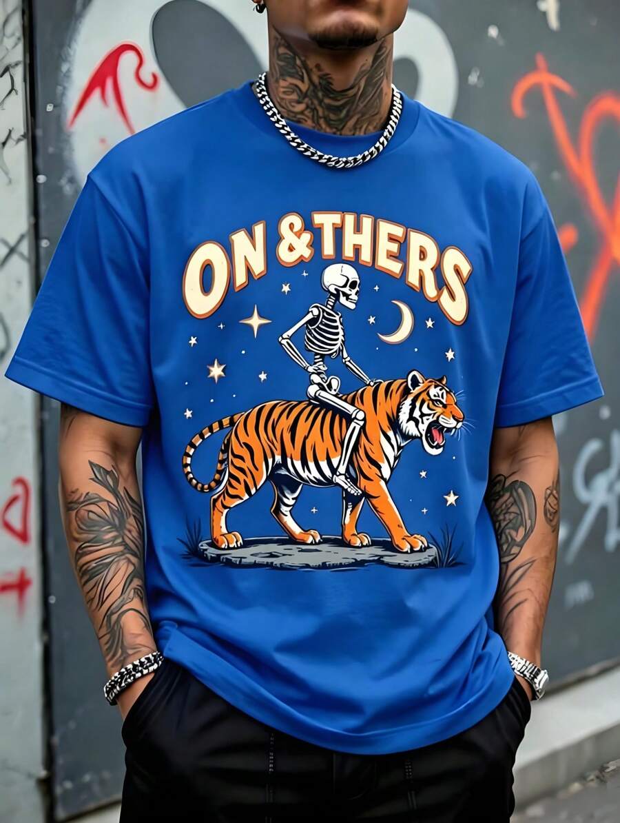 Men's Loose Fit T-Shirt, Full Skeleton Print Riding A Roaring Tiger With Night Sky, Half Moon And Stars, Vintage Bow Text, Western Retro Gothic Streetwear Style. - Biru - View 1