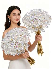 Crystal Roses Artificial Flowers Realistic Rose Bouquet For Wedding Mother's Day Easter Anniversary Centerpiece Valentine Gift Birthday Party Thanksgiving Decor No Maintenance - Multicolor - View 2