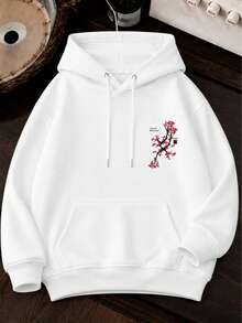 Flannel Kangaroo Hoodie, Printed Sweatshirt, Streetwear Jacket, Geek Style - White Sakura - View 2